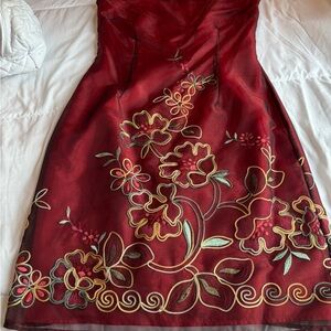 Strapless Burgundy Floral Dress